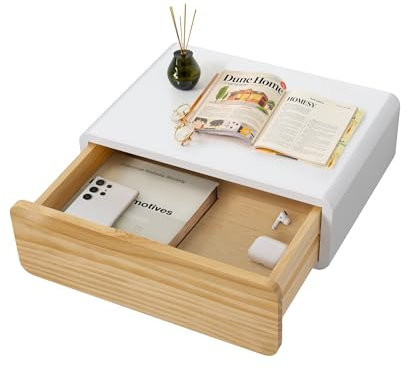 SUMGAR Nachttisch Hängend Weiß Holz mit Schublade Nachtschrank mit Abgerundeten Ecken Wandregal Klein Deko Aesthetic für Schlafzimmer Wohnzimmer Küche Kinderzimmer