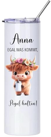 MiniGifts Personalisierter Thermobecher to go Weinbecher Edelstahl Strohhalm 'Mädels Pegel halten' Wunschname Isolierter Becher Aperol Spritz Thermobecher Geschenk Frau Freundin (Kuh)