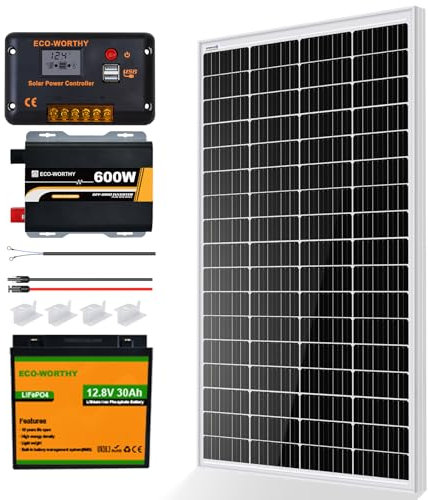 ECO-WORTHY Kit Panel Solar 170W 12V Autoconsumo Sistema Completo: Placa Solar 170W, Bateria Litio 12V 30AH, Controlador PWM 30A, Inversor Onda Pura 600W para Caravanas, Barcos, RV, Casa