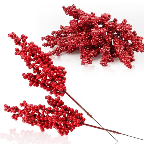 Huanmin 20 Stück Künstliche Rote Beeren, Weihnachten Rote Beeren, Holly Berry Beerenzweig, für Christbaumschmuck und Weihnachtskranz, Handwerk Hochzeit Feiertage Winter Dekoration