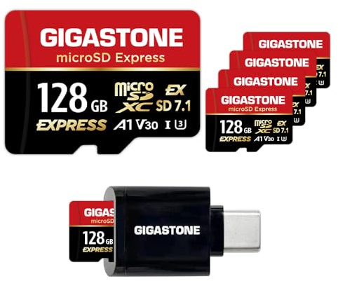 【Conçu pour Switch 2】GIGASTONE MicroSDXC Express 128 Go(5 pièces), R/W jusqu’à 880/500 Mo/s, compatible Switch 2 et appareils photo professionnels, A1 V30 U3, avec 5 adaptateurs SD et 1 lecteur USB-C.