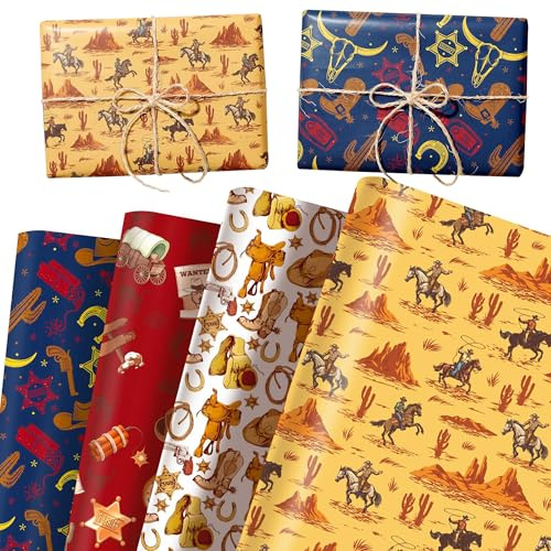 12 Blatt Western Cowboy Geschenkpapier 68.58X50.8cm Pferde Geschenkpapier DIY Bastelgeschenk Wilder Westen Rodeo für Geburtstag Babyparty Brautparty Hochzeit