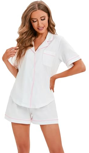LUBOT 100% Cotton Pyjamas Set for Women Ladies, Short Sleeve Button Pajamas