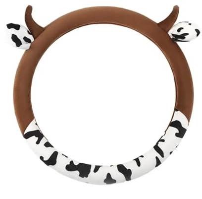 Bequeme Lenkradbezüge fürs Auto mit Kuh-Motiv und Hörnern, rutschfest, schweißabsorbierend, Autozubehör for Frauen, passend for Fahrzeuge(Coffee 38cm)