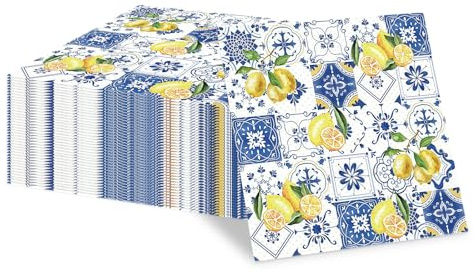 40 Stück Servietten Zitronen & Mediterrane Fliesen 33x33cm - Papierservietten Gelb Blau für Sommer Party Picknick Geburtstag - Zitronen Deko Tischdekoration Zitrone Landhausstil