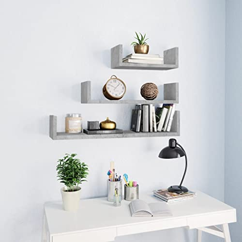 Foknhdi 3er Set Wandregale Betongrau Holzwerkstoff U-Form 60/45/30 cm tief Modernes Design Robust & Langlebig für Küche Wohnzimmer Büro Schlafzimmer