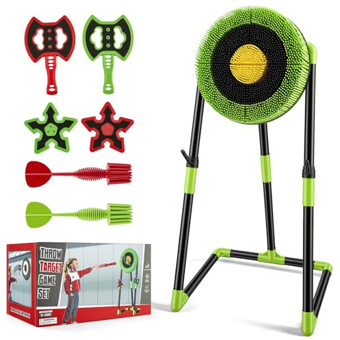 Axe Throwing Game Set for Kids Adults, Complete Indoor Outdoor Throwing Target Game with Stand, 2 Axes 2 Ninja Stars 2 Darts, Large Archery Target Garden Dart Board for Family Garden Party Activities