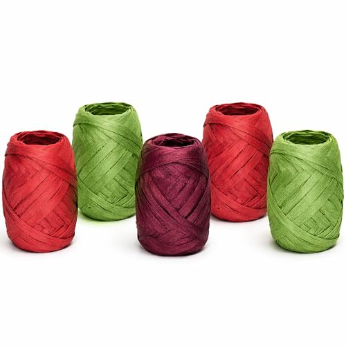 Papierband Raffiabast 5 Rollen Set je 20m - Geschenkband Raffia Papier Schnur Craft Verpackung - Bastband Papiergarn zum Binden Verzieren - Bänder für Geschenke Dekorationen - Rot Grün Mix