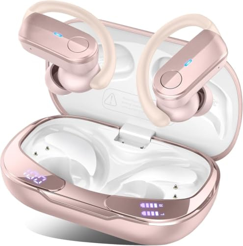 Bluetooth Kopfhörer Sport, 70Std In Ear Kopfhörer Bluetooth 5.4, HiFi Stereo Tiefer Bass Kabellose Kopfhörer mit 4 Noise Cancelling Mic, IPX8 Wasserdicht Ohrhörer mit Ohrhaken, Android/iOS Roségold