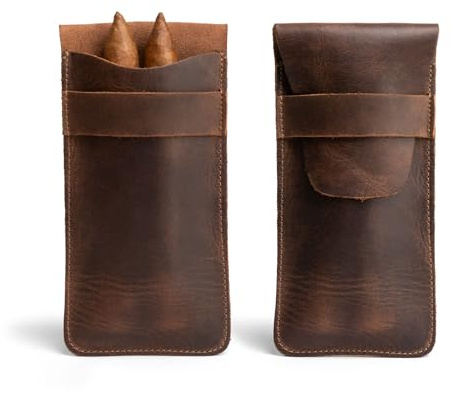 Hide & Drink Zigarrenetui aus rustikalem Leder für 3 Zigarren mit 50 Ringen, Bourbonbraun