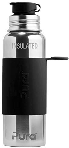 Pura Sport vakuumisolierte 650 ml Edelstahl-Wasserflasche mit Silikon-Sport-Klappverschluss und Hülle, schwarz (plastikfrei, ungiftig zertifiziert, BPA-frei)