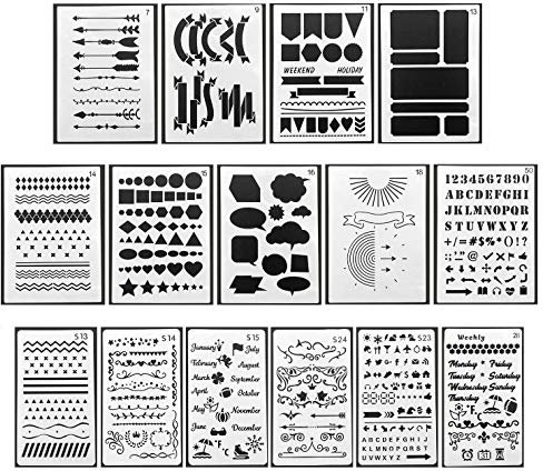 DUOUPA Zeichenschablonen Bullet Journal Schablone Set aus Kunststoff 15 Stück Schablonen Muster-Schablonenmalerei für Scrapbooking DIY