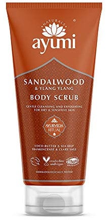 Ayumi Sandalwood Exfoliating Body Scrub to Calm Irritation|Sensitive Skin Scrub with Jojoba Oil |Aromatic Scrub with Ylang Ylang Essential Oil | Body Scrub for Women & Mens Skincare Rituals | 1x200 ml