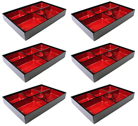 JapanBargain, Japanese Traditional Plastic Lacquered Lunch Bento Box for Restaurant or Home, Tray and Plate 2pc Set, Red and Black, 6 Compartment, 11.75 in x 9.5 in, Made in Japan, 6 Pack