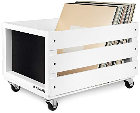 Navaris Cassetta Dischi Vinile in Legno - Cassa Porta Vinili 50-80 Dischi LP - Record Box 42,9x34,4x28cm con Ruote - Cassettina con Lavagna - Bianco