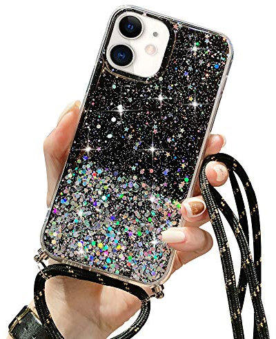 LCHULLE Handykette Handyhülle für iPhone 12/iPhone 12 Pro Hülle mit Kordel Umhängenhülle Necklace Hülle mit Band Schutzhülle Transparent Silikon Case für iPhone 12/iPhone 12 Pro Schwarz