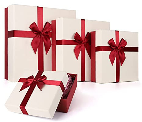 Eerbaier Geschenkboxen Mit Deckel, 4 Luxus-Boxen für Geschenke, Dekorativ für Geburtstag, Hochzeit usw. (Rot/Creme)