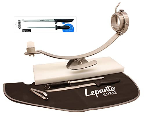 Jamonero balancín giratorio, Soporte jamonero basculante y giratorio con base de fibra blanca y herraje de acero Inoxidable + Cuchillo jamonero y Chaira Arcos Niza + Cubre Jamón + Pinza LepantoHouse