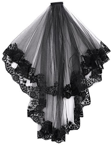 Brautschleier Lang Schwarz Schleier Prinzessin Halloween Requisite Geister Haarschmuck Doppeltchichte Deko Spitzenschleier mit Kamm Schwarzschleier Gothic Kostüme Karneval Witwenschleier Hochzeit