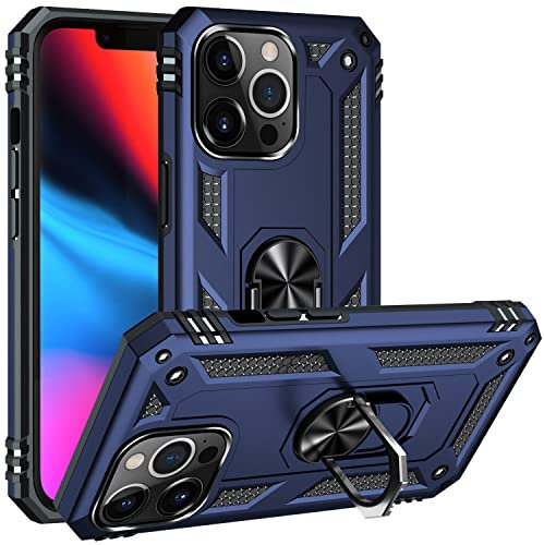 Fetrim Custodia per iPhone 13 PRO, Cover PC TPU Cassa Shell Supporto di Anello Rotante Case per Apple iPhone 13 PRO Blu Navy