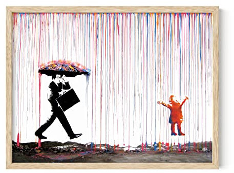 HAUS AND HUES Bunte Regen-Graffiti-Kunst, Banksy-Drucke, Graffiti-Kunst, Wanddekoration, Banksy-Wandposter, Banksy-Poster, Straßenmalerei, Straßenkunst, Bansky-Kunst, Beige gerahmt, 30,5 x 40,6 cm