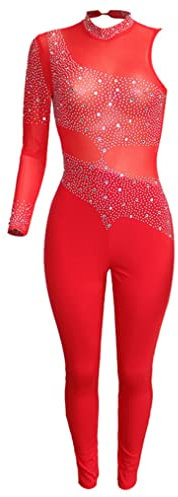 Freebily Damen Glänzend Strass Jumpsuit Durchsichtig Mesh Strampler Tanz Ballett Trikot Eiskunstlauf Gymnastik Leotard Ganzanzug Party Nachtclub Outfit Rot XL
