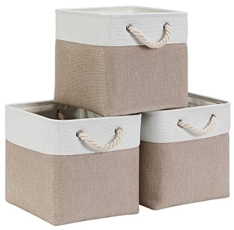 Mangata Cube Storage Boxes 33x33x33cm, Fabric Storage Basket for Cupboards, Shelves, Closet, Light Khaki White(13 x 13 inch, 3 Pack)