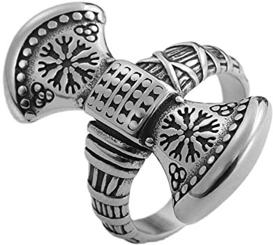 DFWY Viking Axe Helm Of Awe Ring, Mens Women Stainless Steel Celtic Knot Triquetra Axe Ring, Fashion vintage Gothic Gift Nordic Jewelry Size 7-13(10)