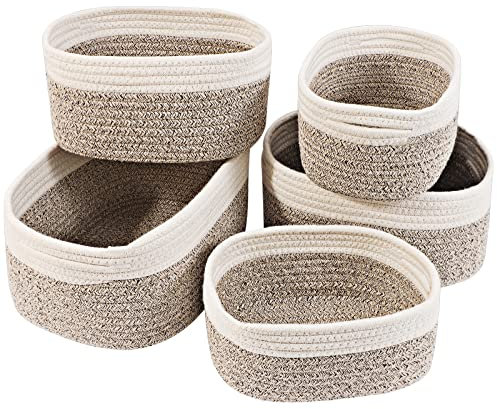 Otoomenz Woven Cotton Rope Storage Basket, 5PCS Shelf Baskets with Handles,Toy Basket Storage Baby Storage Organiser Bathroom Storage Baskets for Make up Cupboard Drawer Closet Shelf(Desert)