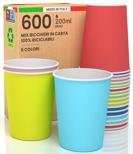 600 Bicchieri in Carta 200ml SuperMix Colorati Ecologici Biodegradabili Monouso Made in Italy Asporto Bevande Calde - MIX Colori Giallo Blu Rosso Verde Azzuro Rosa - Prodotto e Confezionato in Italia