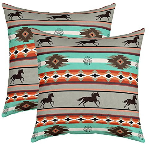 Pferds Kissenbezug Home Dekor Dekokissen Southwestern Native Aztec Umkehrbar Kissenbezüge 40x40cm Bauernhaus Wildlife Quadratisch Kissenhülle 2er Set Kissenbezüge für Sofakissen Couchkissen