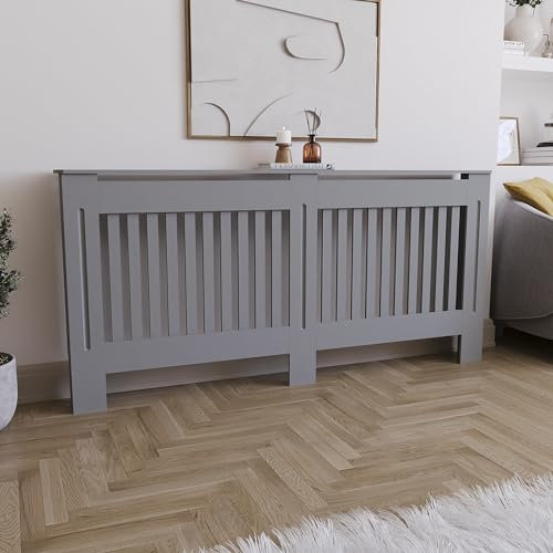 Vida Designs Chelsea Radiator Cover With Modern Slats Olive Grey Decorative Heater Cover with Shelf, Extra Large (H: 82 / W: 172 / D: 19 cm)