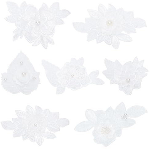 WEBEEDY 14 Stück Spitzen-Blumen-Stickerei-Applikationen Weiße 3D-Perlen-Applikationen Aufnäher Nähborten Verzierungen Für DIY-Kleid, Hochzeitskleid, DIY-Patch, Kleidung, Bastelzubehör