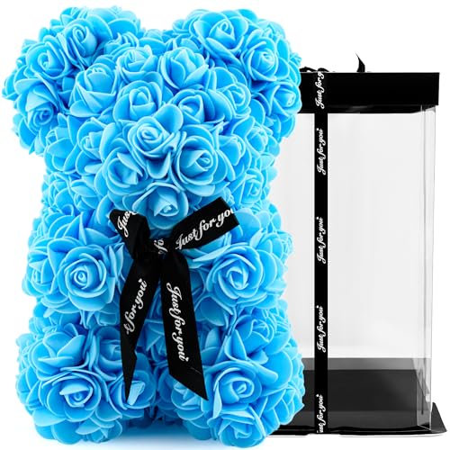 TJC Rose Teddy Bear Flower Bear with Gift Box Birthday Romantic Valentines Gifts for her Girlfriend Love Friends Wife Fiancée PE Material with Bow Tie Everlasting Forever Light Blue