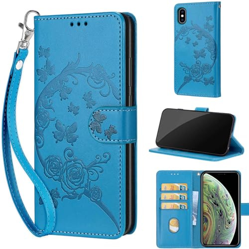 KENHONER Phone Case for iPhone XS Max, Flowers and Butterflies - Blue | Shockproof Flip Wallet, Card Slots, Kickstand, PU Leather, Wrist Strap Lanyard