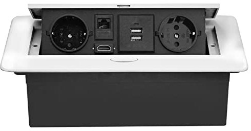 CHENGPI Bloc Multiprise Escamotable pour Encastrer au Bureau,Aluminium Prise Encastrable Plan de Travail 2 Prises et 2 USB A,Interface Réseau HDMI TD,Multiprise Electrique pour Cuisines,1.8M Câble