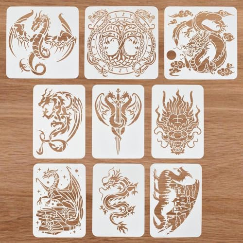 FINGERINSPIRE 9Pcs Dragon Peinture Grand Pochoirs 9 Styles Chinois Asiatique Oriental Dragon Grand Modèle 21x29.7cm 30x30cm Réutilisable Dinosaure Dragon Roi Épée Ptéranodon Tête Dragon Pochoir Mural