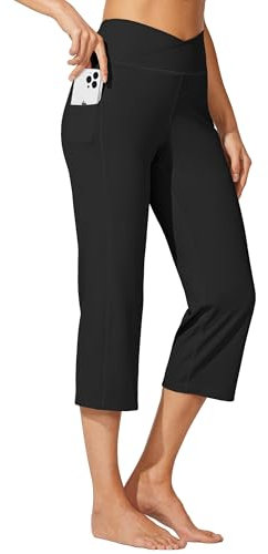 WILLIT Damen Capri Yogahose Straight Leg Stretch Arbeitshose Crossover Elegante High Waisted mit Taschen Yoga Workout Casual Schwarz L