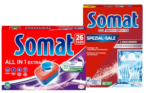 SOMAT Tabs 26 AW all in 1 Extra, Geschirrspül Tabs für strahlende Sauberkeit, bekämpfen selbst eingetrocknete Rückstände + Somat Duo Power Experten Spezial-Salz 1,2kg
