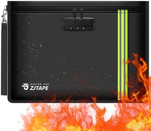 ZJTAPE Feuerfeste und wasserdichte Tasche mit Schloss - Dokumentetasche mit Reflektierendem Streifen, Glasfasermaterial Feuerfeste Aktentasche für Passport、Geldtasche、Zertifikate und Wertsachen