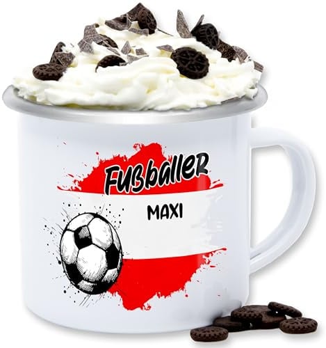 Emaille Tasse Blechtasse - 2026 Fussball WM Fanartikel - Personalisierbares Österreich Motiv | Individuelles Austria Design | Mit eigenem Namen | Österreich - 300 ml - Weiß Silber - fußball