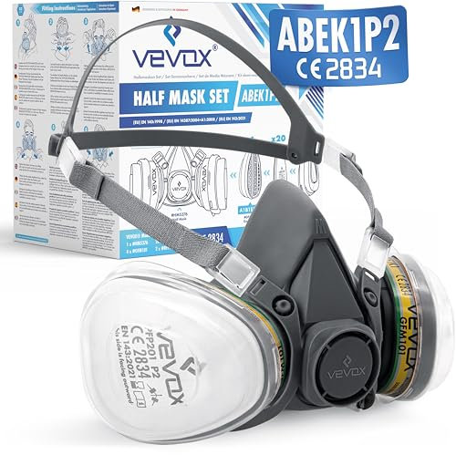 VEVOX® Atemschutzmaske – ABEK1P2 Filter – Schutz gegen Feinstaub, Gase & Dämpfe – Zum Lackieren, Schleifen & Sanieren – Gasmaske, Staubmaske & Lackiermaske (ABEK1P2 - Großes Set)