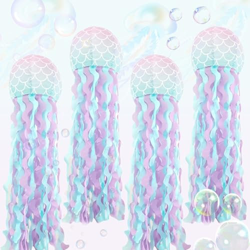 GOMETY 4 Stück Meerjungfrau Geburtstag Deko Papierlaterne, Party Deko, Quallen Deko, Meerjungfrau Geburtstag Deko für Mädchen Ozean Geburtstagsdeko Unter Dem Meer Motto Party Hängende Dekorieren Set