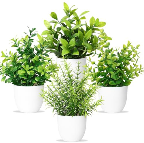 Plantes Artificielles avec Pot Petite Plante en Pot 4 PCS Plante Artificielle Plante Verte Plante Plastique Décor Intérieur pour Bureau Maison Balcon Salon Salle de Bain (4, Pot Blanc)