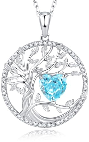 Womens Sterling Silver Birthstone Necklace Tree Of Life Pendant Jewellery | 12-Month Gemstones,Birthday Anniversary Mothers Day Christmas Fine Jewellery Gifts for Women Wife Mother Her,Adjustable Chain
