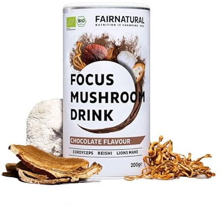 FAIRNATURAL® Pilz Kakaopulver Vegan [SCHOKOLADEN GESCHMACK] - Mushroom Powder Komplex Hochdosiert - Pilzkaffe - Mushroom Coffee - Vitalpilze Kakao aus Reishi Extrakt, Hericium & Chaga Pilz (200g)