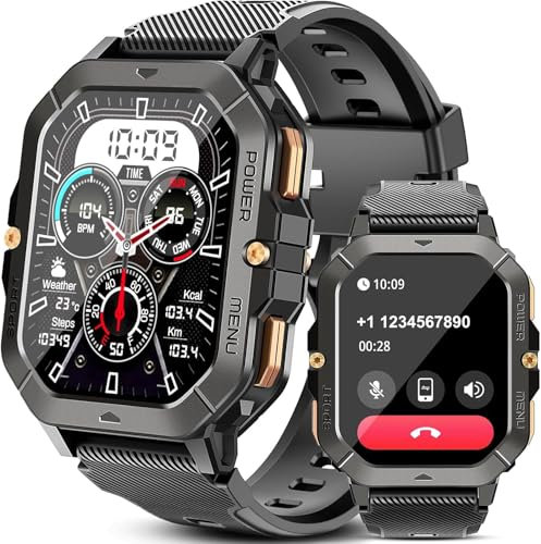 Bambooinn C28 Smartwatch Herren, 5ATM Wasserdicht 2,02 HD Militär Uhr Herren mit Blutdruck, Smart Watch Herren mit Herzfrequenz SpO2 Schlafmonitor Schrittzähler, 100+ Sportmodi Sportuhr