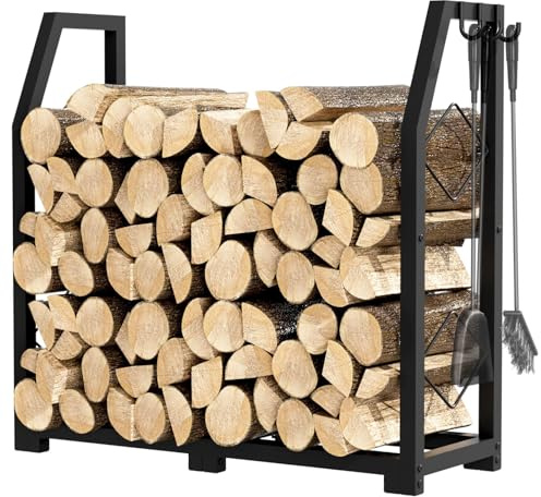 VyGrow Brennholzständer für den Außenbereich, Brennholzhalter mit 3 Haken, Schwerlast-Holzgestell für drinnen und draußen, Schwarz