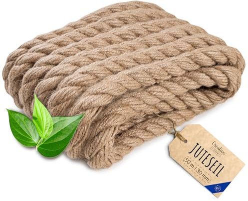 Creative Deco Juteseil Juteschnur | 50m Lang (Personalisierung alle 5m möglich) | 30mm Dickes Seil | Jute Hanfseil Tau Schnur | Gedreht Garn Kordel Naturfaser | Braunes Deko Seil Handlauf DIY Garten