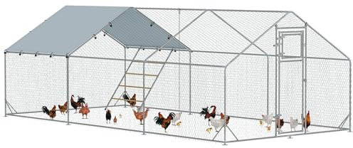 PawHut Hühnerstall Freilaufgehege aus Stahl, 3 x 6 x 1,95 m Hühnerkäfig mit UV-beständiger Abdeckung, Futtertür, Hängefütterung, Sitzstange, Hühnergehege für 18-24 Hühner, Kleintiere, Silber